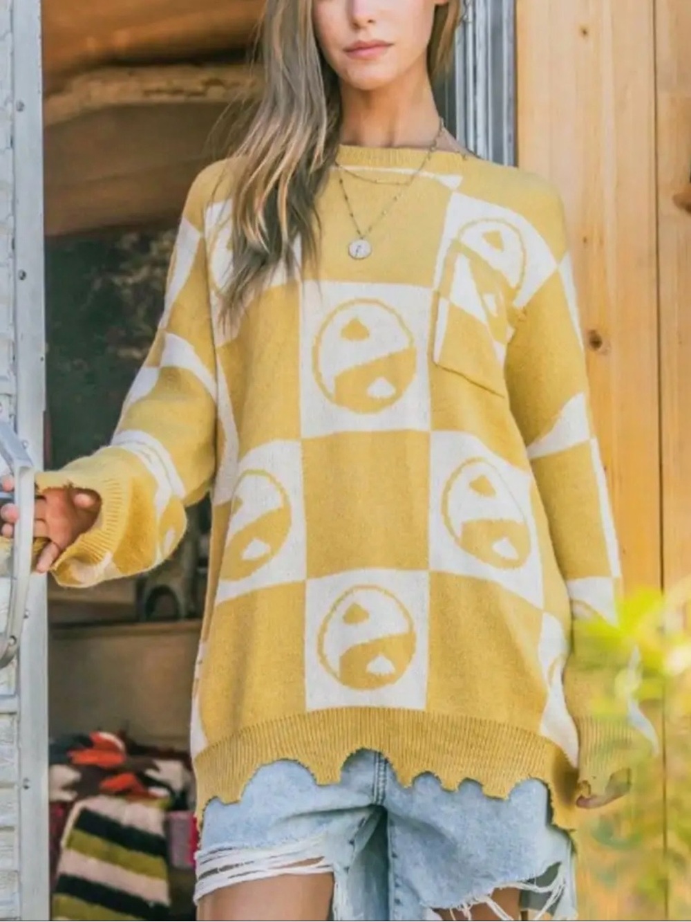 Yellow Checker Pocket Knit Sweater - Women